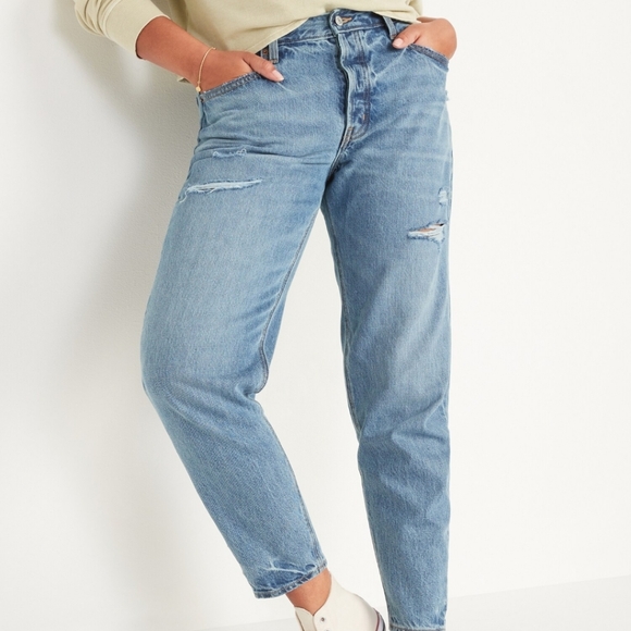 [Old Navy] Mid-Rise Buttom-Fly Slouchy Taper Ripped Non-Stretch Ankle Jeans - Picture 3 of 14